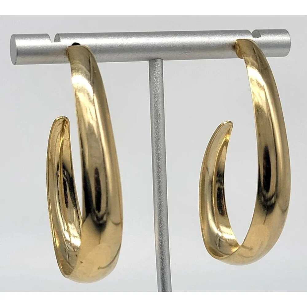 Gold Tone Oval Hoop Earrings Large Polished Unmarked Statement Jewelry Vintage S